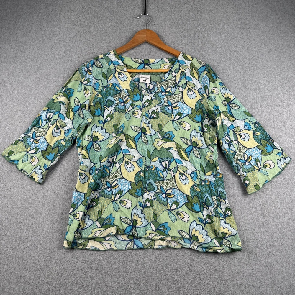 Columbia Top Womens L AL7927 Green Multi Floral 3/4 Sleeve V-Neck Cotton